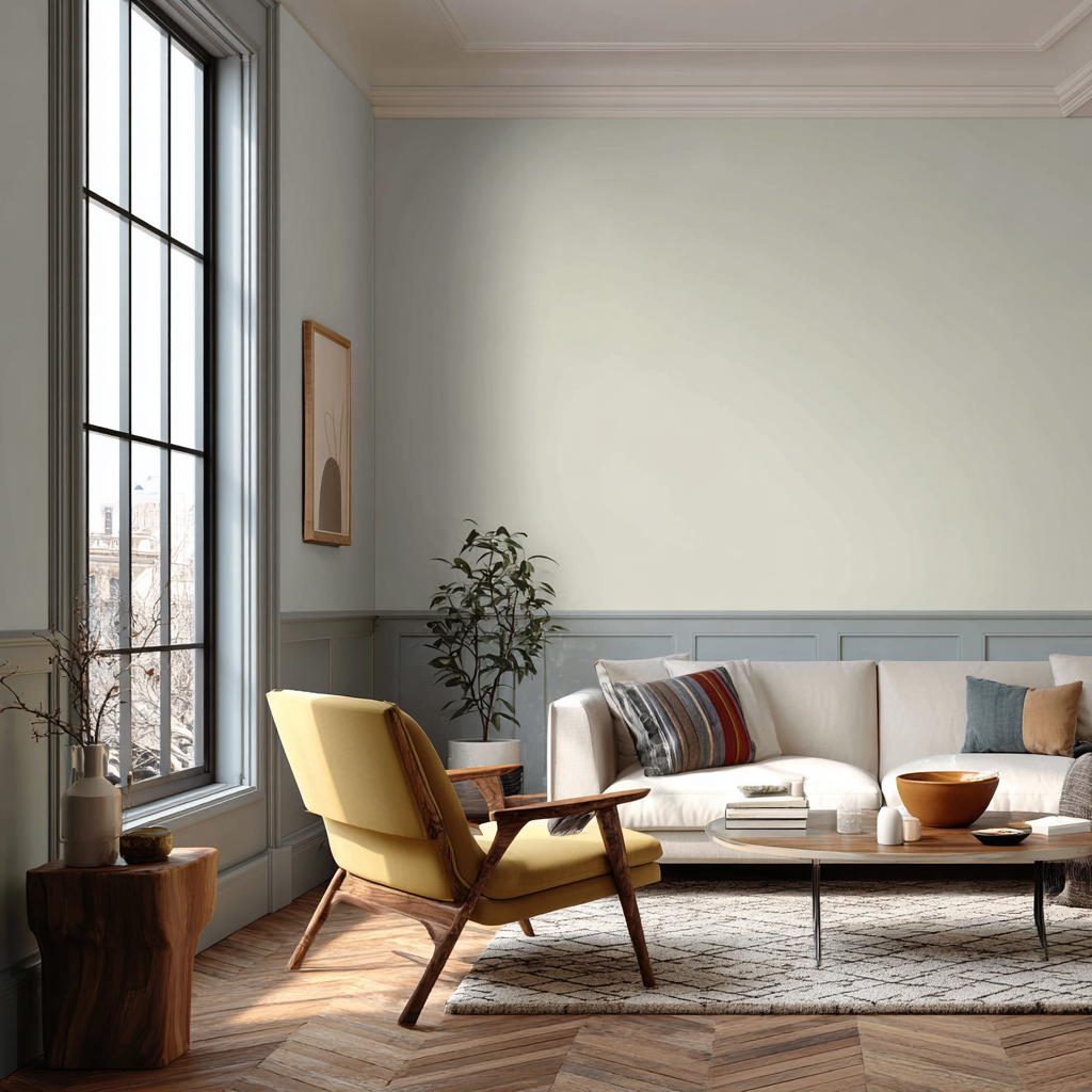 Calming grey–blue feature room with detailed woodwork finish